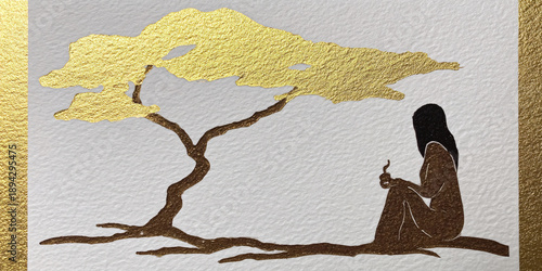 Silhouette of a woman sitting under a golden tree, holding a delicate flower, evoking peace and nature