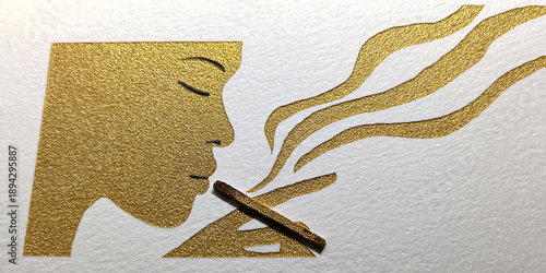 Golden silhouette of a woman exhaling smoke from incense, symbolizing relaxation and meditation in a minimalist design