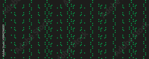 Green digital square dots in vertical columns on dark background. Vector pattern old computer code. Concept of cybersecurity and data encryption