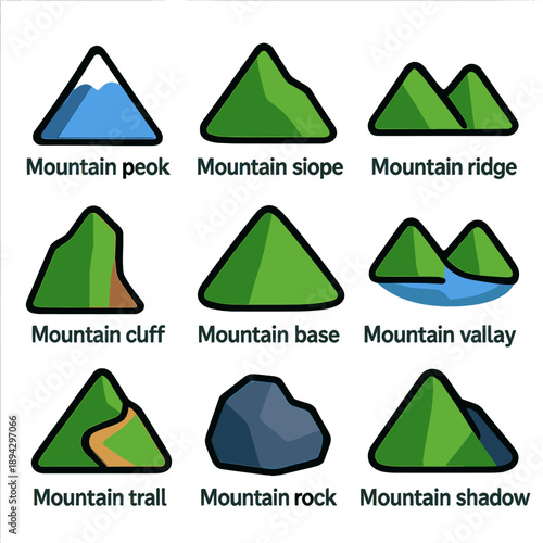 Minimalist mountain icons featuring peaks, valleys, and trails