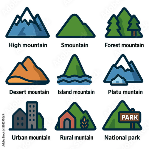 Variety of mountain types including urban, forest, desert, island, and national park