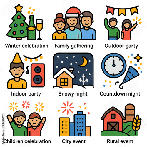 Festive celebrations: winter events and gatherings in colorful icons