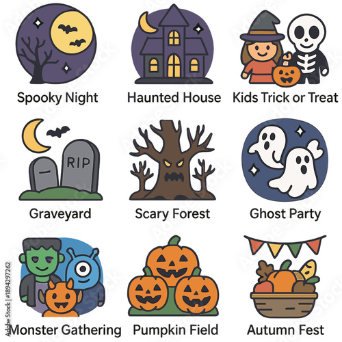 Spooky night icons: haunted house, graveyard, scary forest, ghost party
