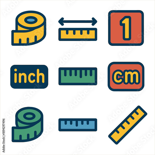 Colorful measurement icons with rulers, tape, inches, and centimeters