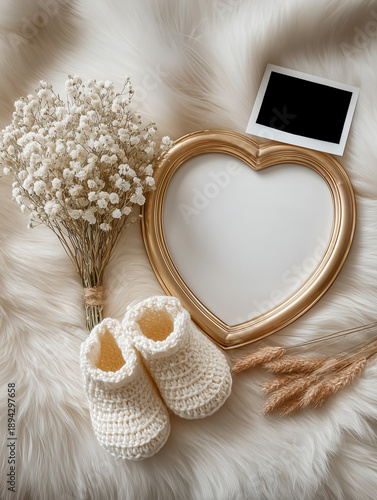 Romantic Baby Announcement with Heart Frame and Booties