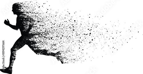 Running athlete silhouette dissolving into ink splatter particles, abstract speed and motion illustration symbolizing energy, endurance, fitness, and dynamic sport performance