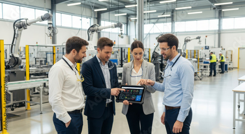 Professionals analyzing data on tablet in modern factory setting