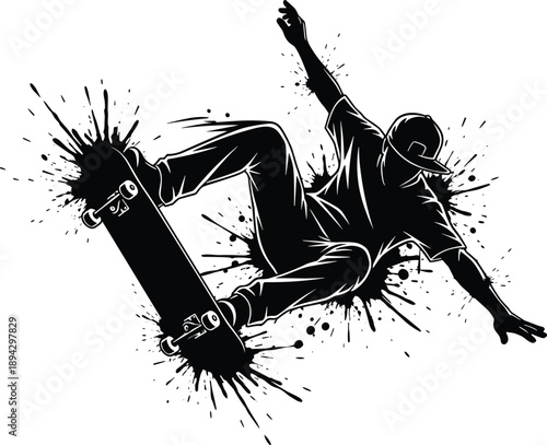 Skateboarder silhouette illustration, dynamic skater performing aerial trick with paint splatter, street skateboarding action, urban extreme sport artwork