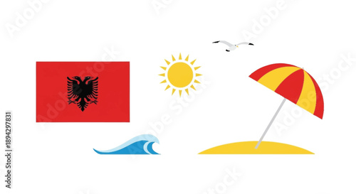 Albanian flag with beach symbols black eagle