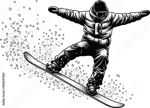 Snowboarder action illustration, winter sports athlete performing snowboard jump with snow splash, extreme sport adventure concept artwork