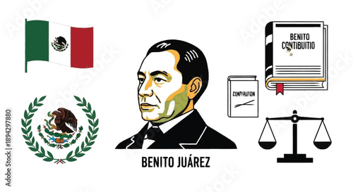 Benito Juarez Mexican Flag Coat of Arms Portrait Scales of Justice