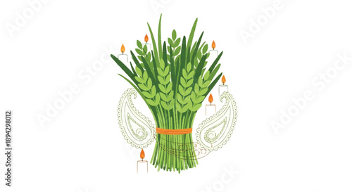 Bunch of green grass tied with orange band surrounded by lit candles and paisley