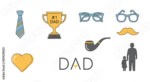Cartoon of father's day symbols and props trophy glasses mustache pipe
