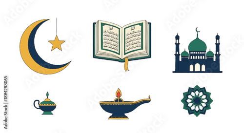 Crescent moon star hanging over islamic symbols islamic book mosque lamp