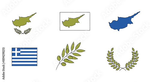 Cyprus and Greece symbols with maps flags and olive branches