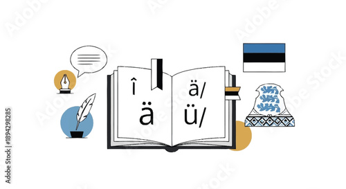 Estonian language learning symbols book open with letters open book Estonian flag