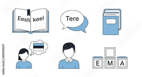 Estonian language learning concept with people and books speech bubble