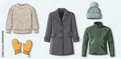 Winter Vector Illustration of Sweaters, Coats, and Cold-Weather Accessories