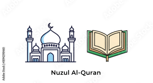 Nuzul Al Quran mosque and open book Nuzul Al-Quran Islamic crescent
