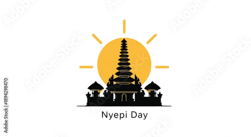 Nyepi Day Bali temple silhouette with yellow sun pagoda