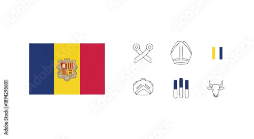 Andorra flag with national symbols coat of arms ski poles bishop's mitre