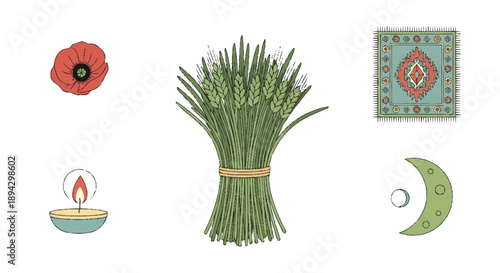 Red poppy flower green wheat bundle teal rug lit candle and moon phase symbols