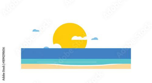 Simple beach scene with yellow sun blue ocean and sandy shore