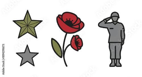 Soldier saluting with poppy flowers and stars salute