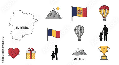 Andorra map flags hot air balloons mountains silhouettes gifts heart trophy