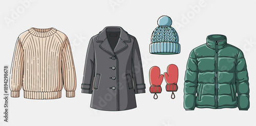 Winter Vector Illustration of Cozy Sweaters, Coats, and Cold-Weather Accessories