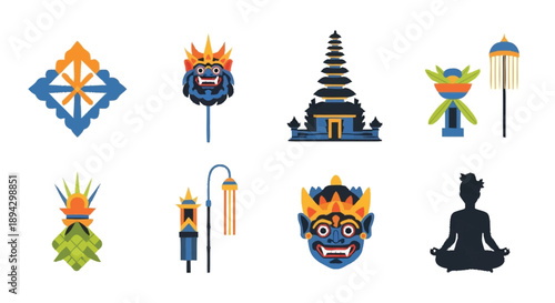 Balinese cultural symbols and including masks, temples, and decorative traditional
