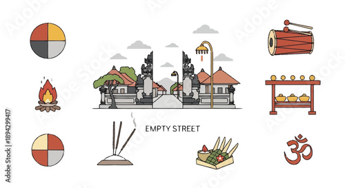 Balinese temple scene with cultural symbols and offerings empty street incense