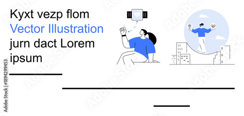 Technology, urban design, digital media, robotics, human interaction, artificial intelligence. A figure holding gadgets and another interacting with machines. Technology and urban design concept