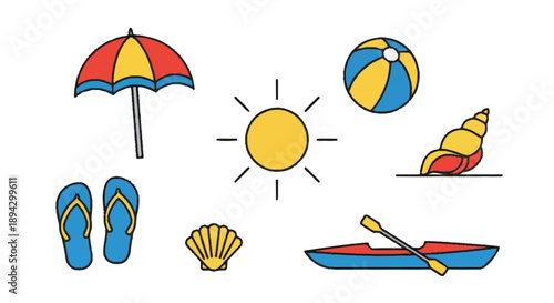 Beach summer set with umbrella flip flops