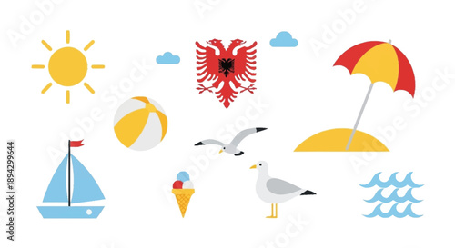 Beach with Albanian flag sun umbrella sailboat seagulls