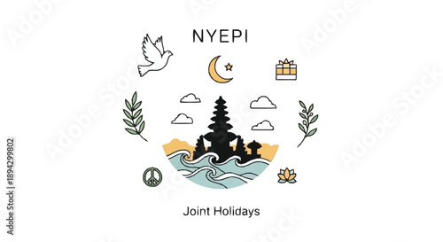 N Y E P I Joint Holidays with temple island sea waves clouds moon star gift peace sign