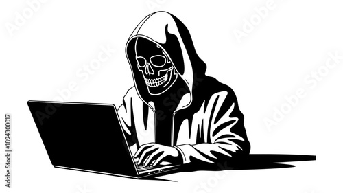 Black and white vector illustration of a hacker figure with a skull face wearing a hoodie and typing on a laptop computer, symbolizing cybercrime, anonymity, and digital threat vector design