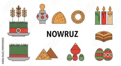 Nowruz celebration symbols including food candles and decorative