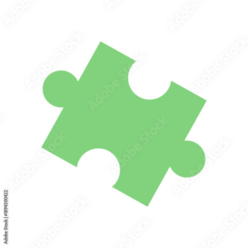 Flat silhouette jigsaw puzzle piece in vibrant green tone. Single puzzle tile for boardgame activity. Iconic symbol of hobby, childhood, and fun. Ideal graphic for table games, creative play, or