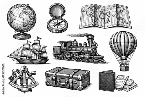 Vintage exploration: globe, compass, map, ship, train, balloon, luggage, passport