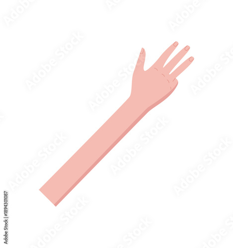 Flat drawing of a cartoon hand with raised palm and four fingers extended. Bare human hand gesture for number four with visible palm and wrist. Simple isolated icon for count math concepts.
