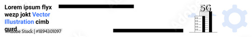 5G technology, communication, modernization, network infrastructure, future innovation, global connectivity. Visual with 5G building, gear icon and placeholder text. 5G technology and communication