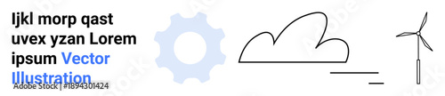Renewable energy, sustainability, green energy, environmental conservation, technology, eco-friendly initiatives. Minimalist illustration of gear, wind turbine cloud shapes. Renewable energy