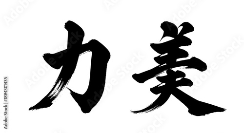 Powerful Japanese Calligraphy Characters "Rikibi" (力美) meaning "Power Beauty" in bright studio.