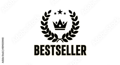 Premium Bestseller Award Badge with Crown, Stars, and Laurel Wreath, isolated white background.