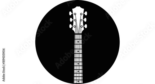 Classic Acoustic Guitar Neck with Fretboard and Headstock Icon in Black Circle, isolated white background.