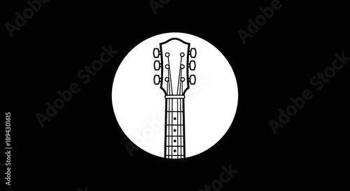 Guitar Neck Headstock Icon in White Circle Outline on Solid Black Background, Musical Instrument Symbol
