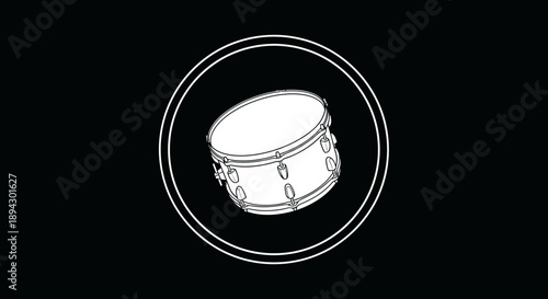 Drum Musical Instrument Icon in White Circle Outline on Solid Black Background, Percussion Symbol