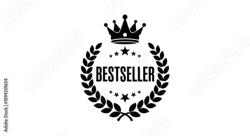 Premium Bestseller Laurel Wreath Icon with Crown and Stars, Symbol of Top Quality and Excellence on Isolated White Background