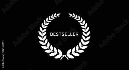 White Bestseller Laurel Wreath Icon on Solid Black Background, Symbol of Achievement and Quality